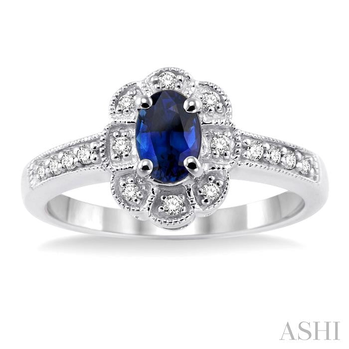 6x4 MM Oval Cut Sapphire and 1/6 Ctw Round Cut Diamond Ring in 14K White Gold
