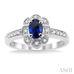 6x4 MM Oval Cut Sapphire and 1/6 Ctw Round Cut Diamond Ring in 14K White Gold