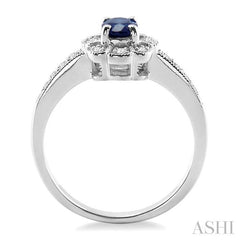 6x4 MM Oval Cut Sapphire and 1/6 Ctw Round Cut Diamond Ring in 14K White Gold