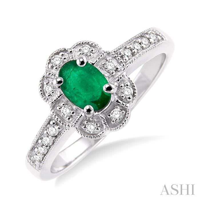 6x4 MM Oval Cut Emerald and 1/6 Ctw Round Cut Diamond Ring in 10K White Gold