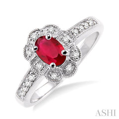 6x4 MM Oval Cut Ruby and 1/6 Ctw Round Cut Diamond Ring in 10K White Gold