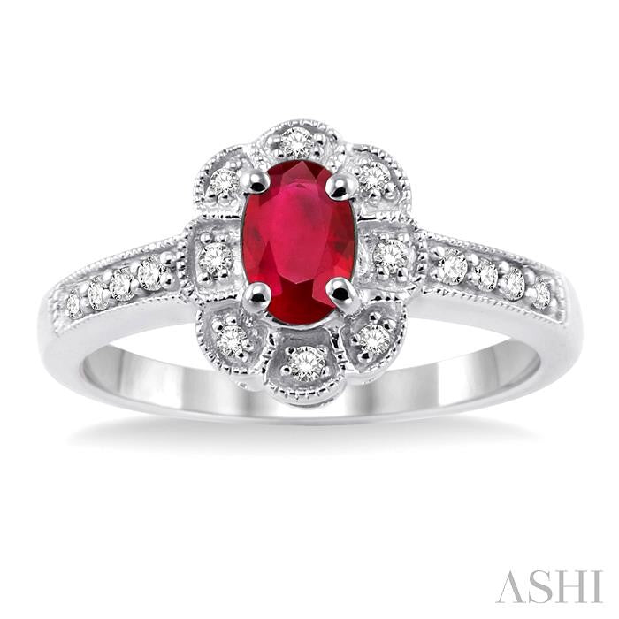 6x4 MM Oval Cut Ruby and 1/6 Ctw Round Cut Diamond Ring in 10K White Gold