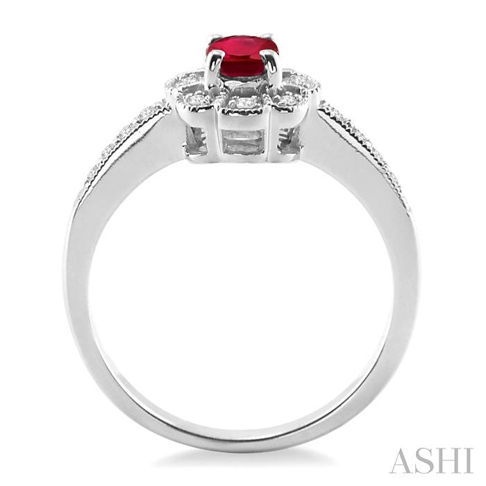 6x4 MM Oval Cut Ruby and 1/6 Ctw Round Cut Diamond Ring in 10K White Gold