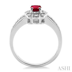 6x4 MM Oval Cut Ruby and 1/6 Ctw Round Cut Diamond Ring in 10K White Gold