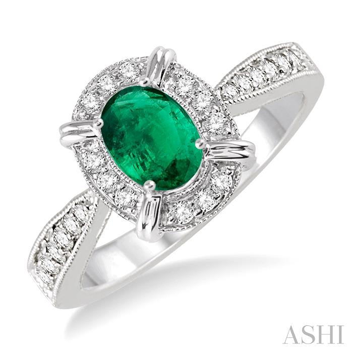 6x4 MM Oval Shape Emerald and 1/6 Ctw Round Cut Diamond Ring in 14K White Gold