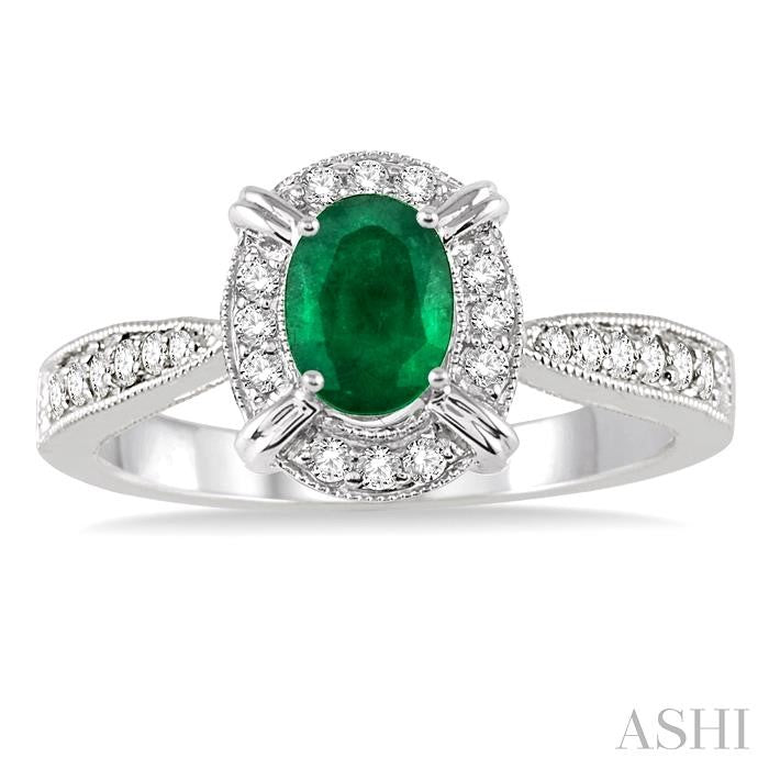 6x4 MM Oval Shape Emerald and 1/6 Ctw Round Cut Diamond Ring in 14K White Gold