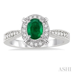 6x4 MM Oval Shape Emerald and 1/6 Ctw Round Cut Diamond Ring in 14K White Gold