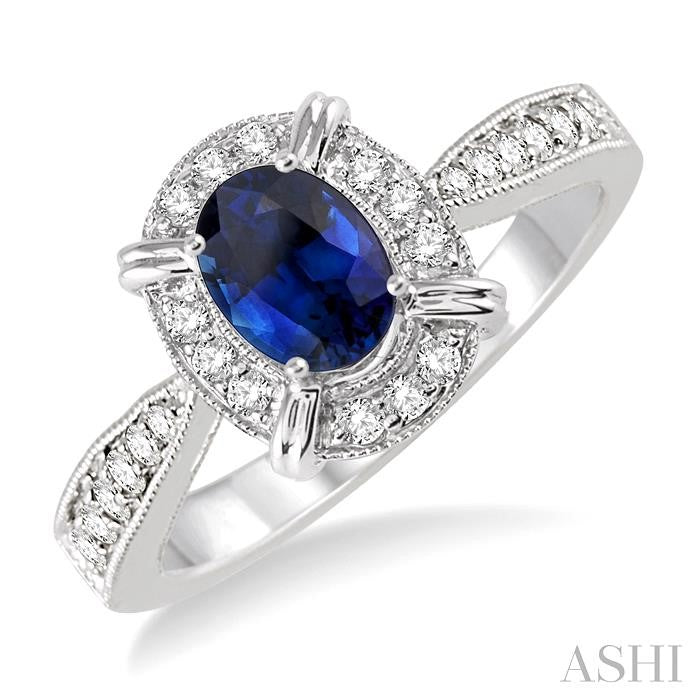 6x4 MM Oval Shape Sapphire and 1/6 Ctw Round Cut Diamond Ring in 14K White Gold