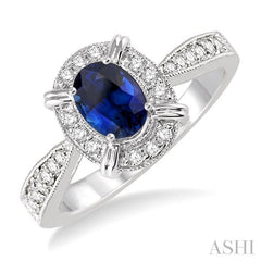 6x4 MM Oval Shape Sapphire and 1/6 Ctw Round Cut Diamond Ring in 14K White Gold