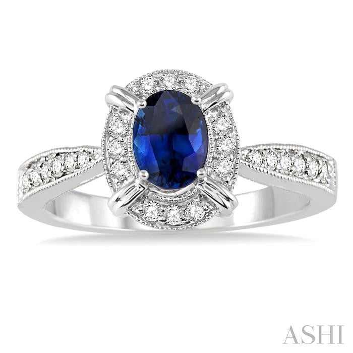 6x4 MM Oval Shape Sapphire and 1/6 Ctw Round Cut Diamond Ring in 14K White Gold