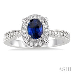 6x4 MM Oval Shape Sapphire and 1/6 Ctw Round Cut Diamond Ring in 14K White Gold