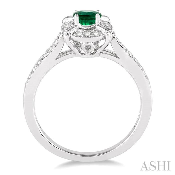 6x4 MM Oval Shape Emerald and 1/6 Ctw Round Cut Diamond Ring in 10K White Gold