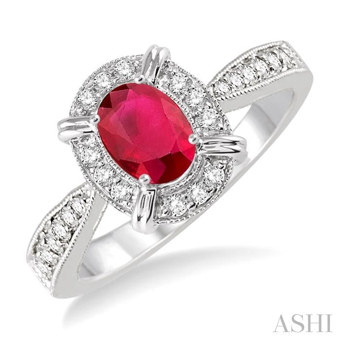 6x4 MM Oval Shape Ruby and 1/6 Ctw Round Cut Diamond Ring in 10K White Gold