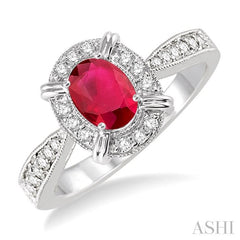 6x4 MM Oval Shape Ruby and 1/6 Ctw Round Cut Diamond Ring in 10K White Gold