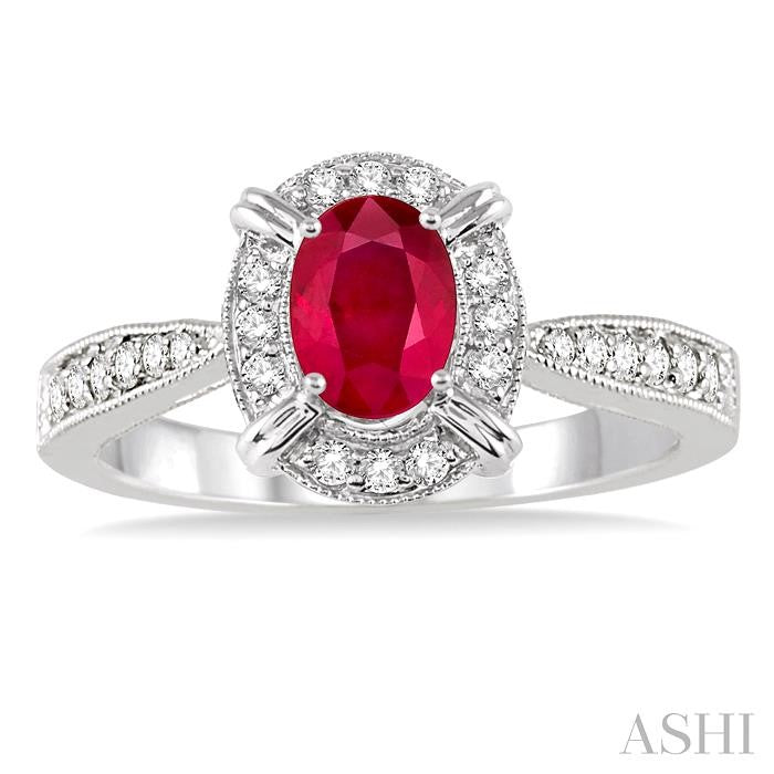 6x4 MM Oval Shape Ruby and 1/6 Ctw Round Cut Diamond Ring in 10K White Gold