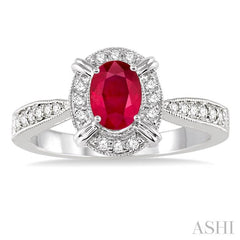 6x4 MM Oval Shape Ruby and 1/6 Ctw Round Cut Diamond Ring in 10K White Gold