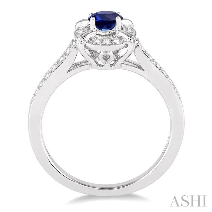 6x4 MM Oval Shape Sapphire and 1/6 Ctw Round Cut Diamond Ring in 10K White Gold