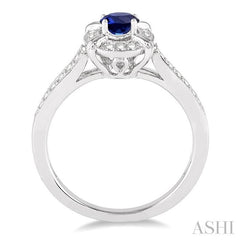 6x4 MM Oval Shape Sapphire and 1/6 Ctw Round Cut Diamond Ring in 10K White Gold