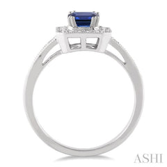 6x4 MM Emerald Shape Sapphire and 1/4 Ctw Round Cut Diamond Ring in 14K White Gold