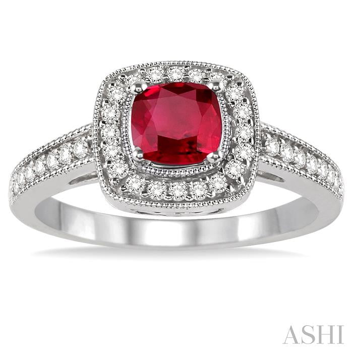 5x5 MM Cushion Shape Ruby and 1/4 Ctw Round Cut Diamond Ring in 14K White Gold