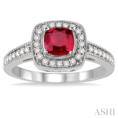5x5 MM Cushion Shape Ruby and 1/4 Ctw Round Cut Diamond Ring in 14K White Gold