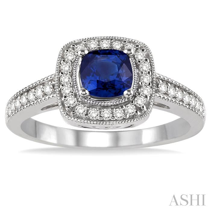 5x5 MM Cushion Shape Sapphire and 1/4 Ctw Round Cut Diamond Ring in 14K White Gold