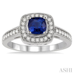 5x5 MM Cushion Shape Sapphire and 1/4 Ctw Round Cut Diamond Ring in 14K White Gold
