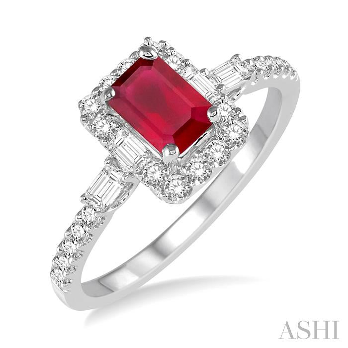 6x4 MM Octagon Cut Ruby and 1/2 Ctw Round Cut Diamond Precious Ring in 14K White Gold