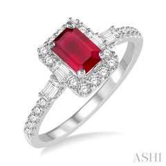 6x4 MM Octagon Cut Ruby and 1/2 Ctw Round Cut Diamond Precious Ring in 14K White Gold