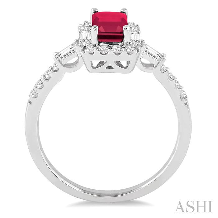 6x4 MM Octagon Cut Ruby and 1/2 Ctw Round Cut Diamond Precious Ring in 14K White Gold