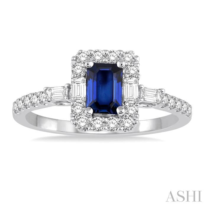 6x4 MM Octagon Cut Sapphire and 1/2 Ctw Round Cut Diamond Precious Ring in 14K White Gold