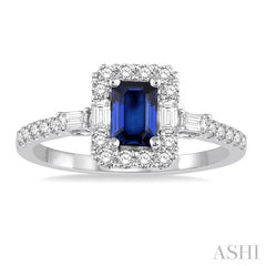 6x4 MM Octagon Cut Sapphire and 1/2 Ctw Round Cut Diamond Precious Ring in 14K White Gold
