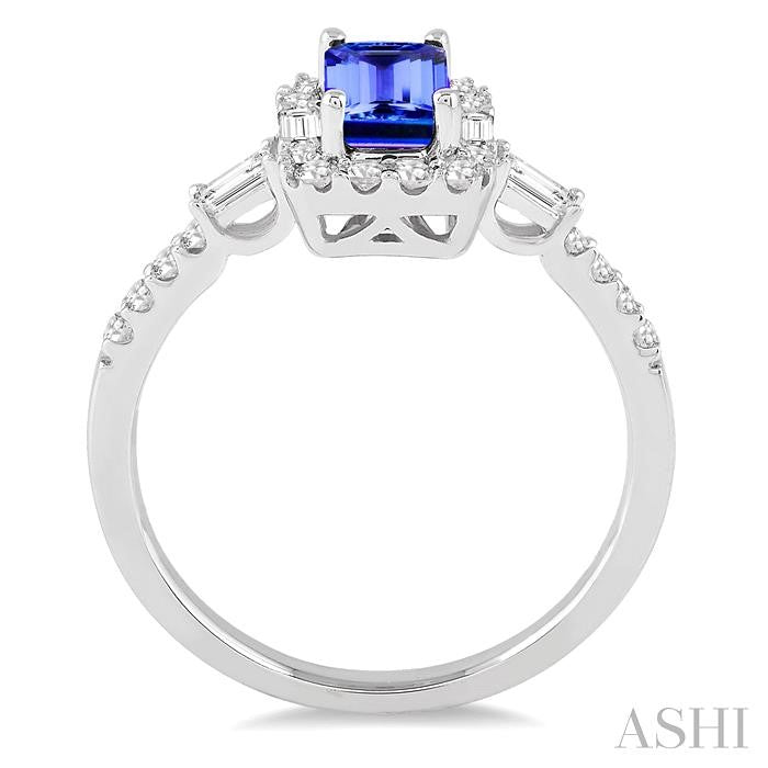 6x4 MM Octagon Cut Tanzanite and 1/2 Ctw Round Cut Diamond Precious Ring in 14K White Gold