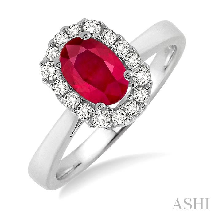 6x4 MM Oval Cut Ruby and 1/6 Ctw Round Cut Diamond Precious Ring in 14K White Gold