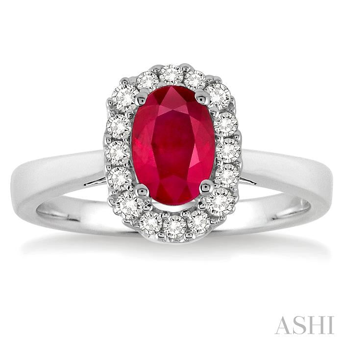 6x4 MM Oval Cut Ruby and 1/6 Ctw Round Cut Diamond Precious Ring in 14K White Gold