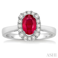 6x4 MM Oval Cut Ruby and 1/6 Ctw Round Cut Diamond Precious Ring in 14K White Gold