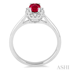 6x4 MM Oval Cut Ruby and 1/6 Ctw Round Cut Diamond Precious Ring in 14K White Gold