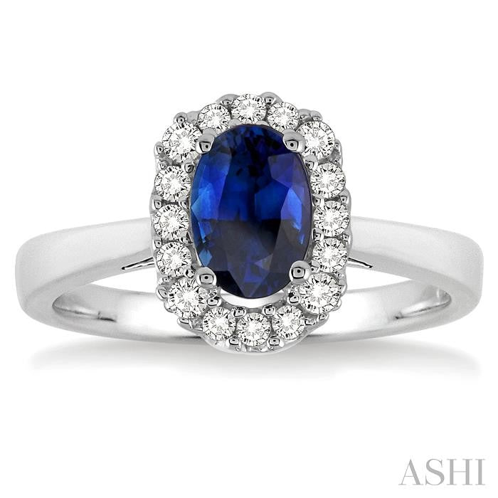 6x4 MM Oval Cut Sapphire and 1/6 Ctw Round Cut Diamond Precious Ring in 14K White Gold