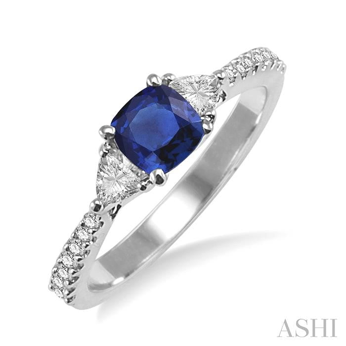 5x5 MM Cushion Cut Sapphire and 1/3 Ctw Diamond Precious Ring in 14K White Gold