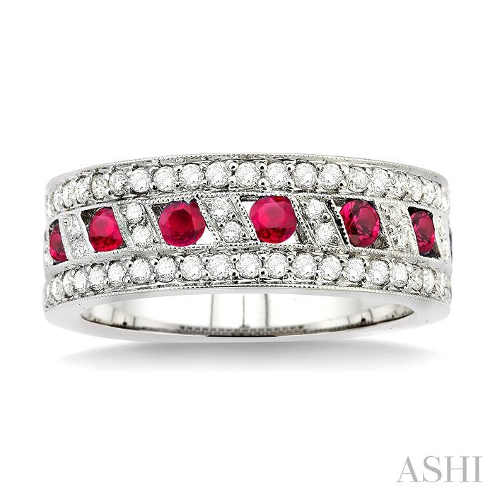 2.6 MM Round Cut Ruby and 5/8 Ctw Round Cut Diamond Precious Band in 18K White Gold
