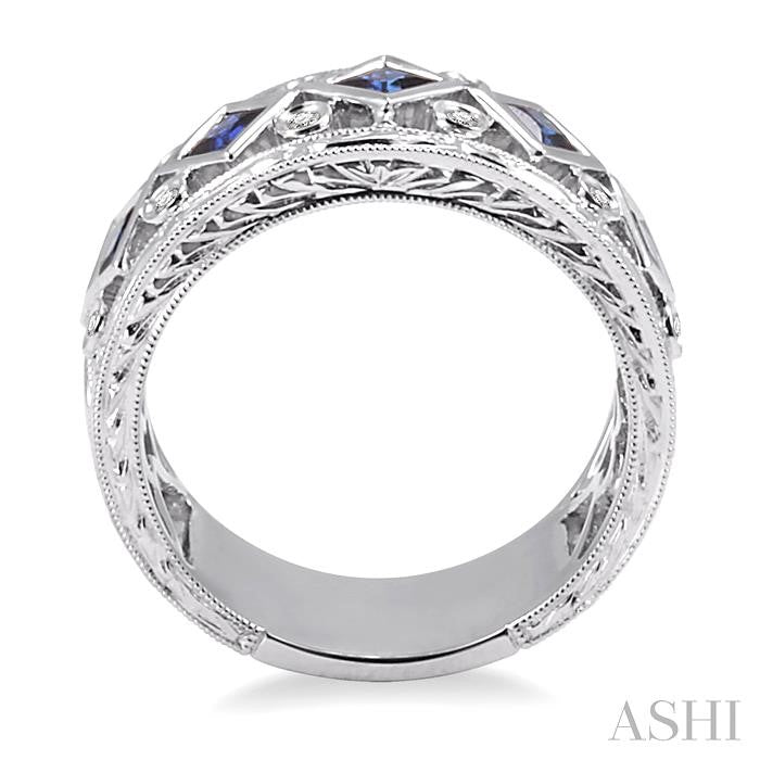 3x3 MM Princess Cut Sapphire and 1/4 Ctw Round Cut Diamond Precious Fashion Band in 14K White Gold