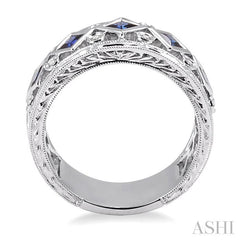 3x3 MM Princess Cut Sapphire and 1/4 Ctw Round Cut Diamond Precious Fashion Band in 14K White Gold
