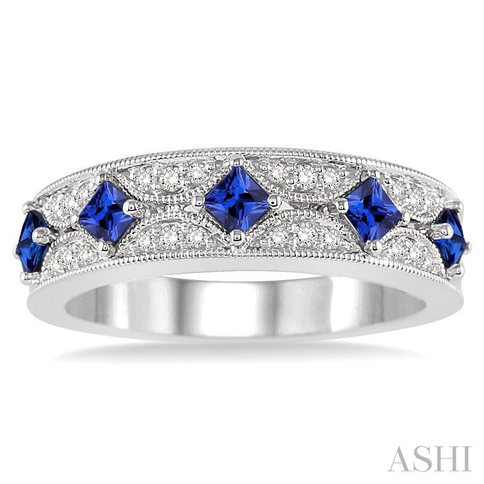 2.5 MM Princess Cut Sapphire and 1/6 Ctw Round Cut Diamond Precious Band in 14K White Gold