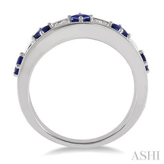 2.5 MM Princess Cut Sapphire and 1/6 Ctw Round Cut Diamond Precious Band in 14K White Gold