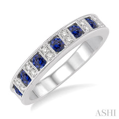 2.5 MM Round Cut Sapphire and 1/10 Ctw Round Cut Diamond Precious Band in 14K White Gold