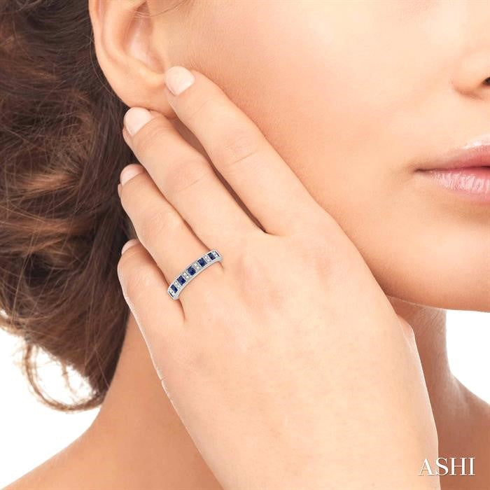 2.5 MM Round Cut Sapphire and 1/10 Ctw Round Cut Diamond Precious Band in 14K White Gold
