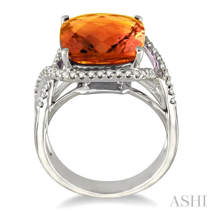 12x12 MM Cushion Cut Citrine and 1/3 Ctw Round Cut Diamond Semi-Precious Ring in 14K White Gold