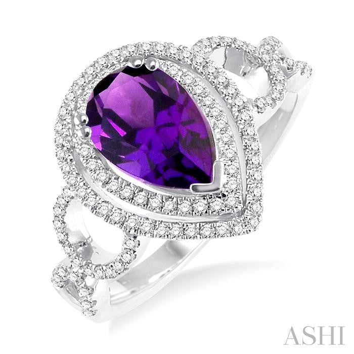 9x6 MM Pear Shape Amethyst and 1/3 Ctw Round Cut Diamond Semi-Precious Ring in 14K White Gold