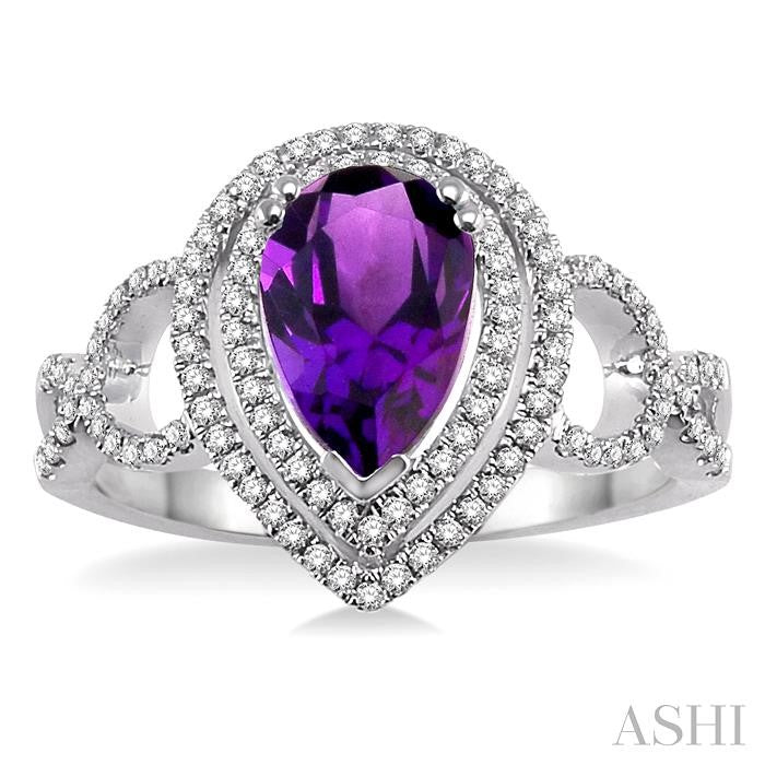 9x6 MM Pear Shape Amethyst and 1/3 Ctw Round Cut Diamond Semi-Precious Ring in 14K White Gold