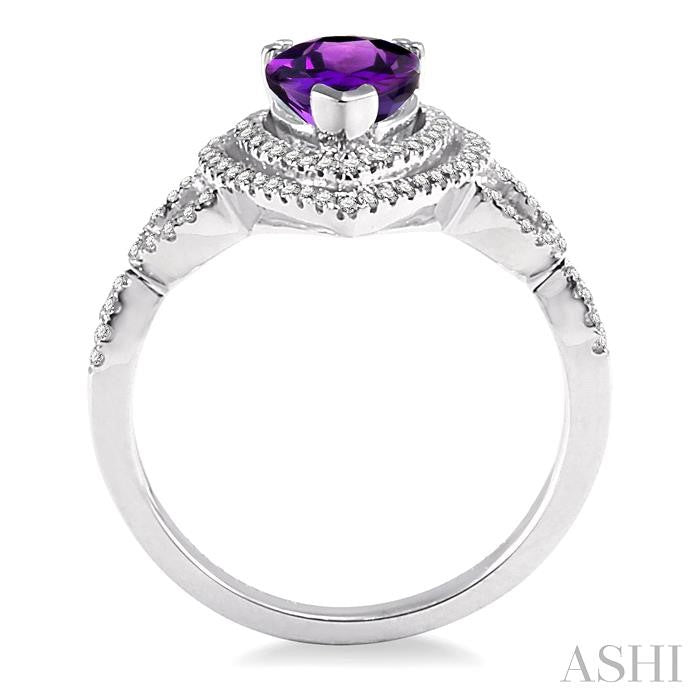 9x6 MM Pear Shape Amethyst and 1/3 Ctw Round Cut Diamond Semi-Precious Ring in 14K White Gold